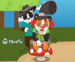Puzzle Panfu κλόουν κάθεται σε ένα μανιτάρι, ενώ ένα άλλο ενοχλητικό panda